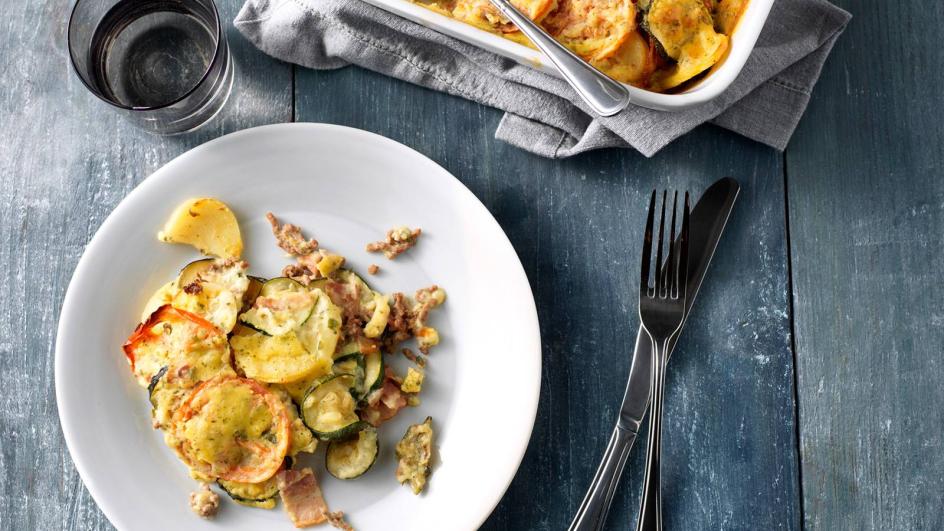 Groente ovenschotel met vega vlees en aardappel