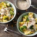 Vega kaasravioli met broccoli en champignonsaus