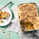 Vegetarische groenten ovenschotel met aardappelpuree kaas