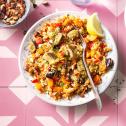 Couscous salade met aubergine, kikkererwten en noten
