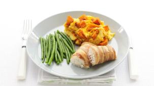 Kabeljauw in spek met pompoenpuree en haricots verts