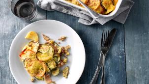 Groente ovenschotel met vega vlees en aardappel